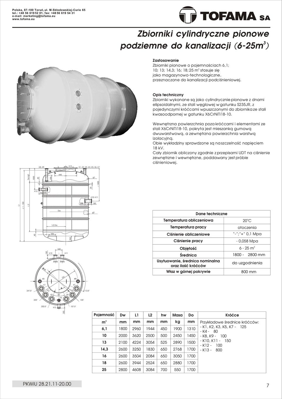 eu Zbirniki cylindryczne pinwe pdziemne d kanalizacji (625m ) Zastswanie Zbirniki pinwe pjemnœciach 6,1; 10; 1; 14,; 16; 18; 25 m stsuje siê jak magazynwtechnlgiczne, przeznaczne d kanalizacji