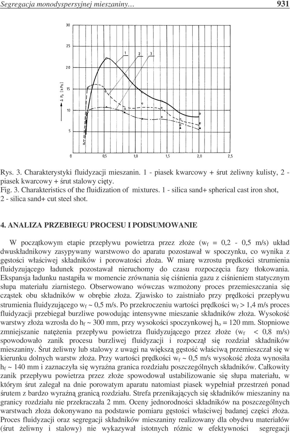 ANALIZA PRZEBIEGU PROCESU I PODSUMOWANIE W pocztkoym etapie przepłyu poietrza przez złoe ( f = 0, - 0,5 m/s) układ duskładnikoy zasypyany arstoo do aparatu pozostaał spoczynku, co ynika z gstoci