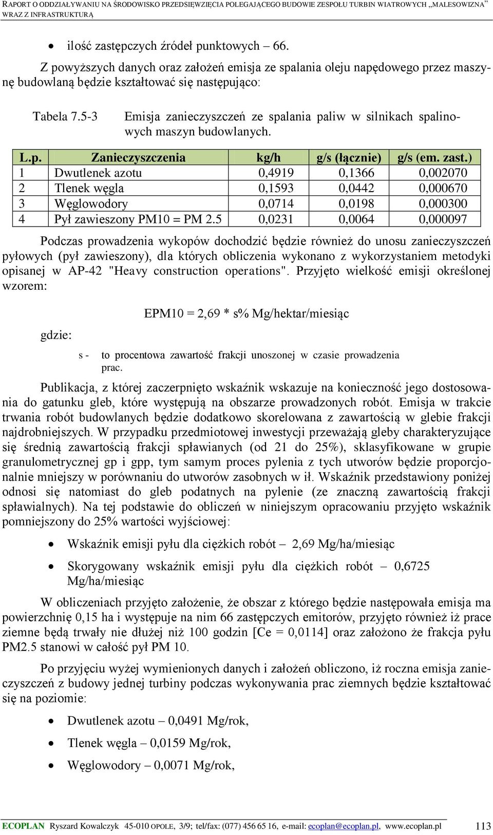 ) 1 Dwutlenek azotu 0,4919 0,1366 0,002070 2 Tlenek węgla 0,1593 0,0442 0,000670 3 Węglowodory 0,0714 0,0198 0,000300 4 Pył zawieszony PM10 = PM 2.