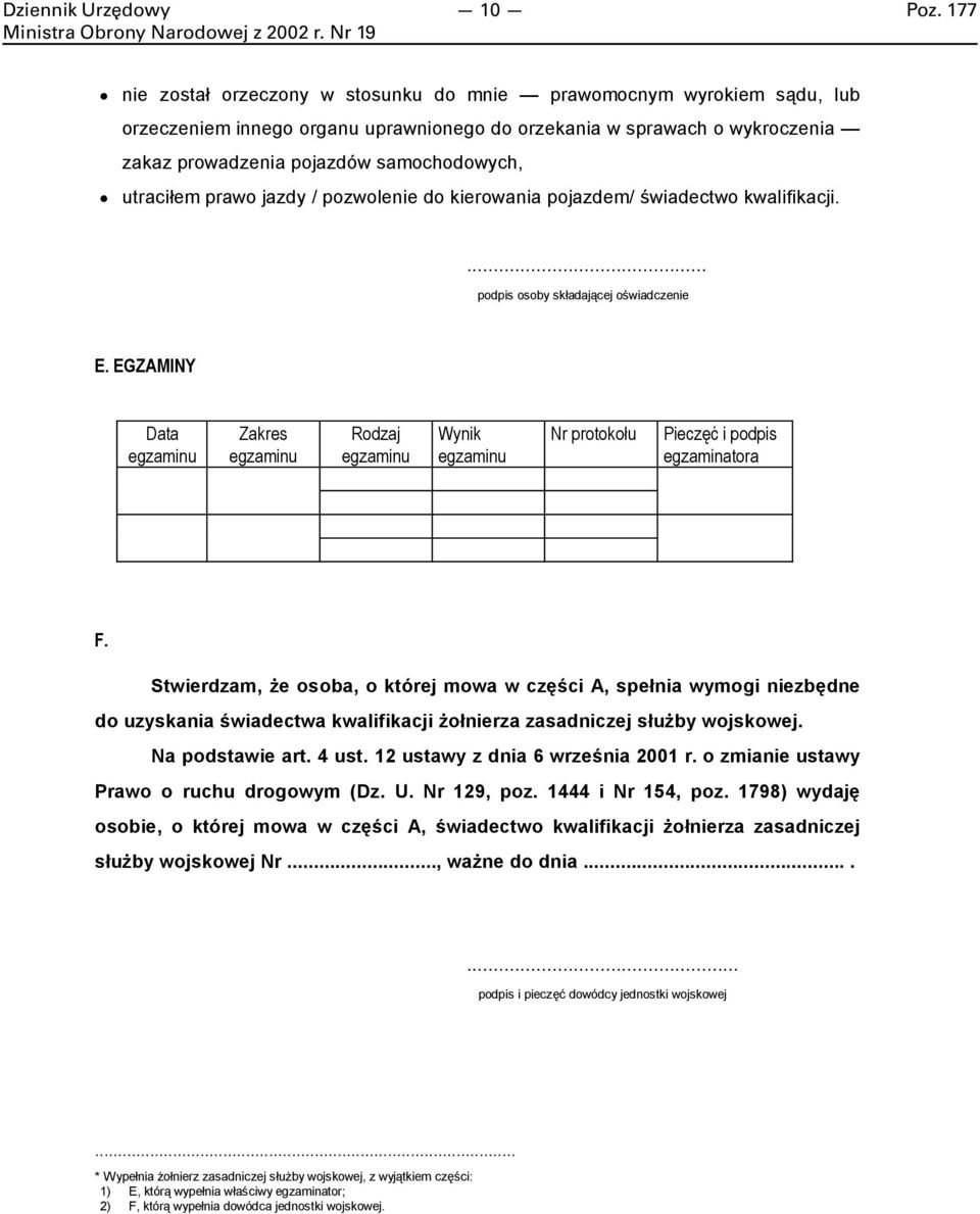 utraciłem prawo jazdy / pozwolenie do kierowania pojazdem/ świadectwo kwalifikacji.... podpis osoby składającej oświadczenie E.