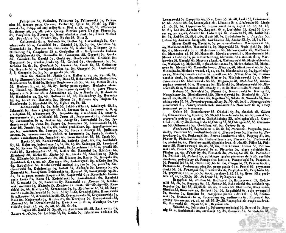 GaUtowski 61 n, Galenus 5o, Gallus 57, Garwolczyk 52, Gawianowski 58 n, Gawiński 52, Gdańsk 54, 55, 5g, 60, Gedelius 57, Germański 52, Gertner 64, Gilowski 56, Glaber 4g, Cliczner 52 n, Gluksberg 6