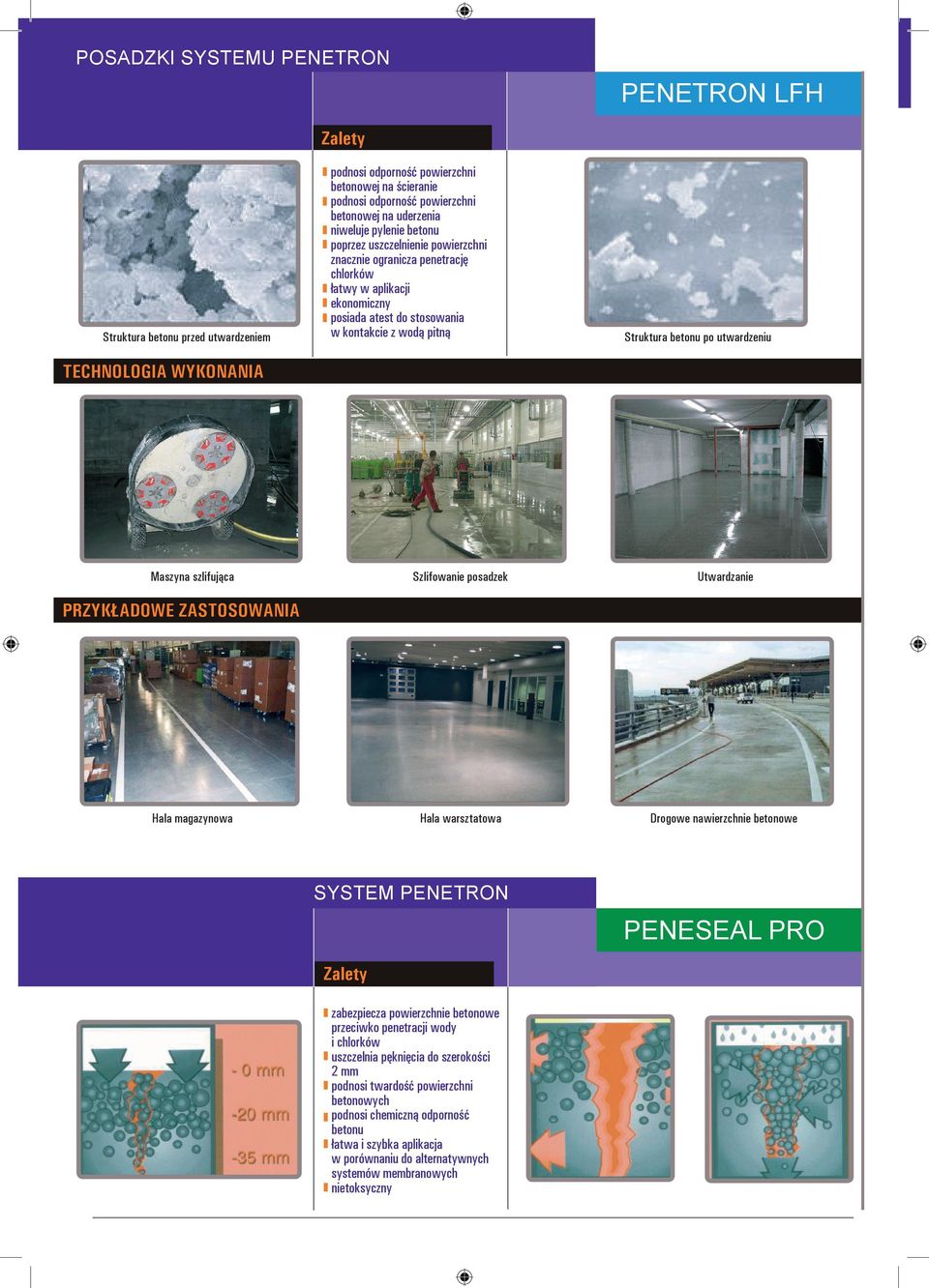 TECHNOLOGIA WYKONANIA Maszyna szlifująca Szlifowanie posadzek Utwardzanie Hala warsztatowa Drogowe nawierzchnie betonowe PRZYKŁADOWE ZASTOSOWANIA Hala magazynowa PENESEAL PRO zabezpiecza powierzchnie