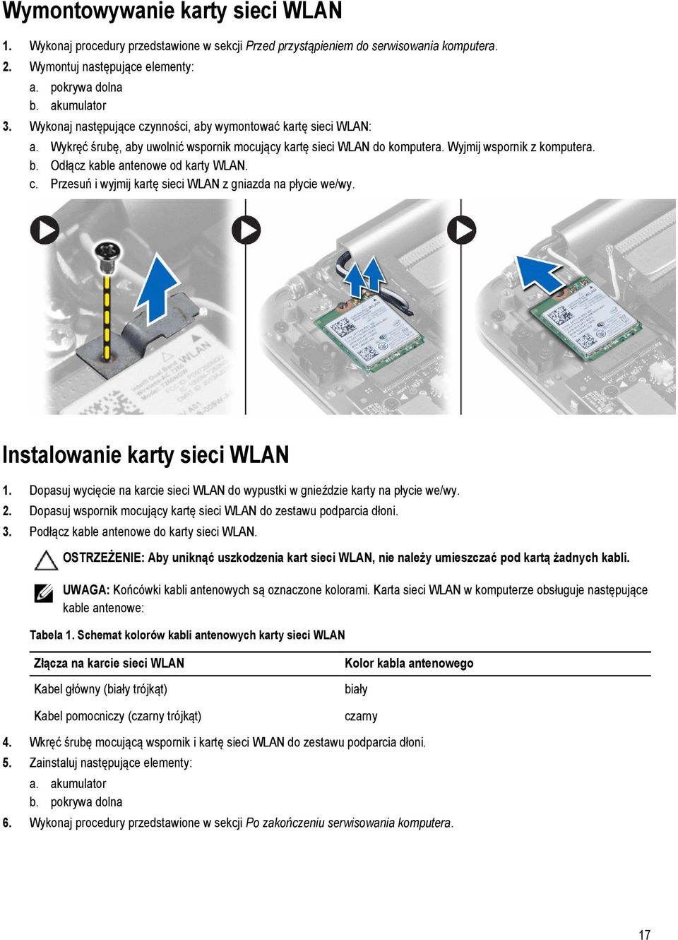 Odłącz kable antenowe od karty WLAN. c. Przesuń i wyjmij kartę sieci WLAN z gniazda na płycie we/wy. Instalowanie karty sieci WLAN 1.