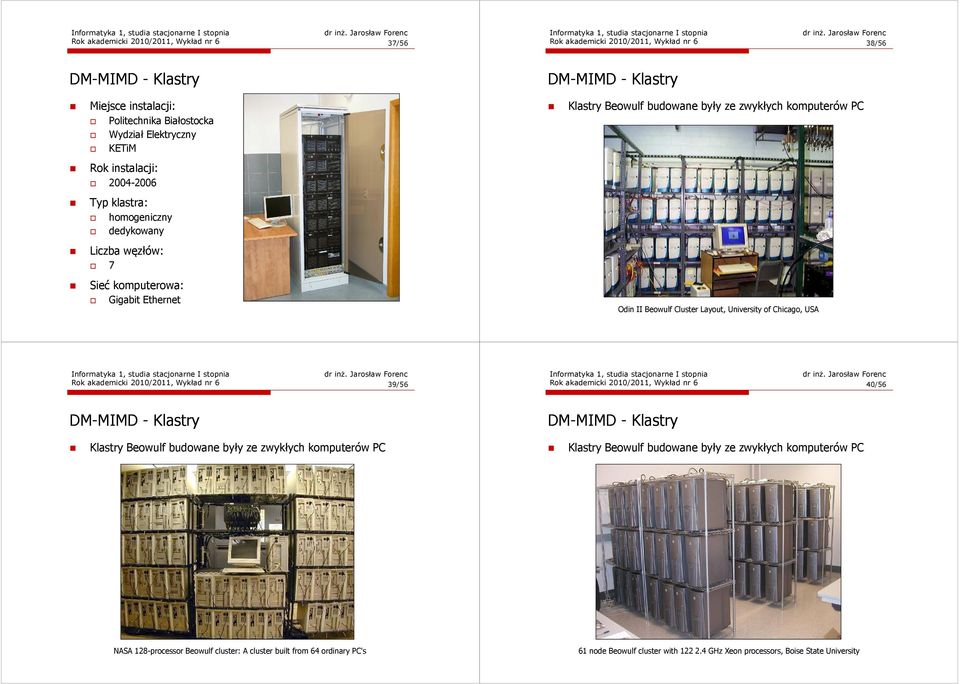 Cluster Layout, University of Chicago, USA Rok akademicki 2010/2011, Wykład nr 6 39/56 Rok akademicki 2010/2011, Wykład nr 6 40/56 DM-MIMDMIMD - Klastry DM-MIMDMIMD - Klastry Klastry Beowulf budowane