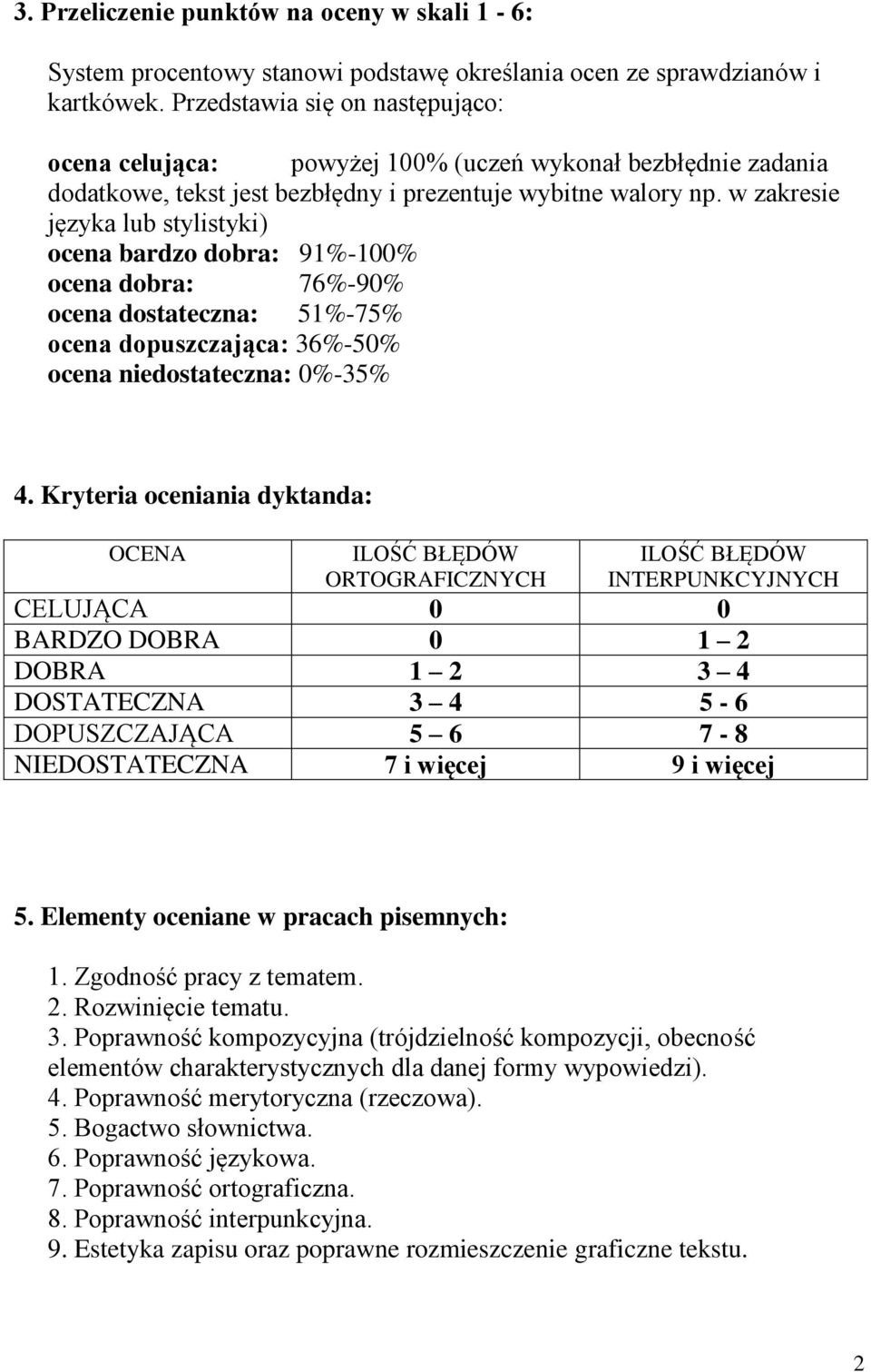 w zakresie języka lub stylistyki) ocena bardzo dobra: 91%-100% ocena dobra: 76%-90% ocena dostateczna: 51%-75% ocena dopuszczająca: 36%-50% ocena niedostateczna: 0%-35% 4.