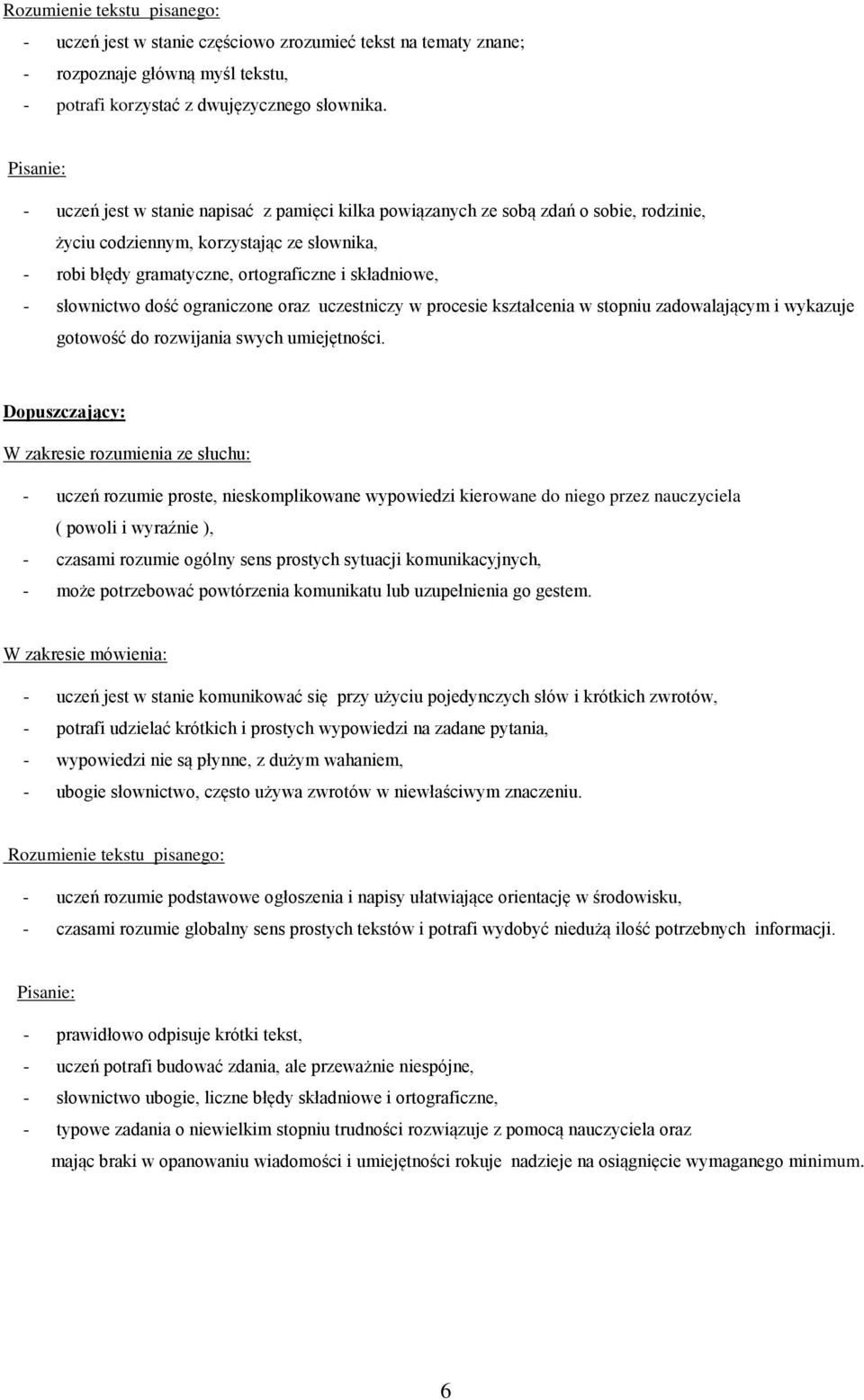 dość ograniczone oraz uczestniczy w procesie kształcenia w stopniu zadowalającym i wykazuje gotowość do rozwijania swych umiejętności.