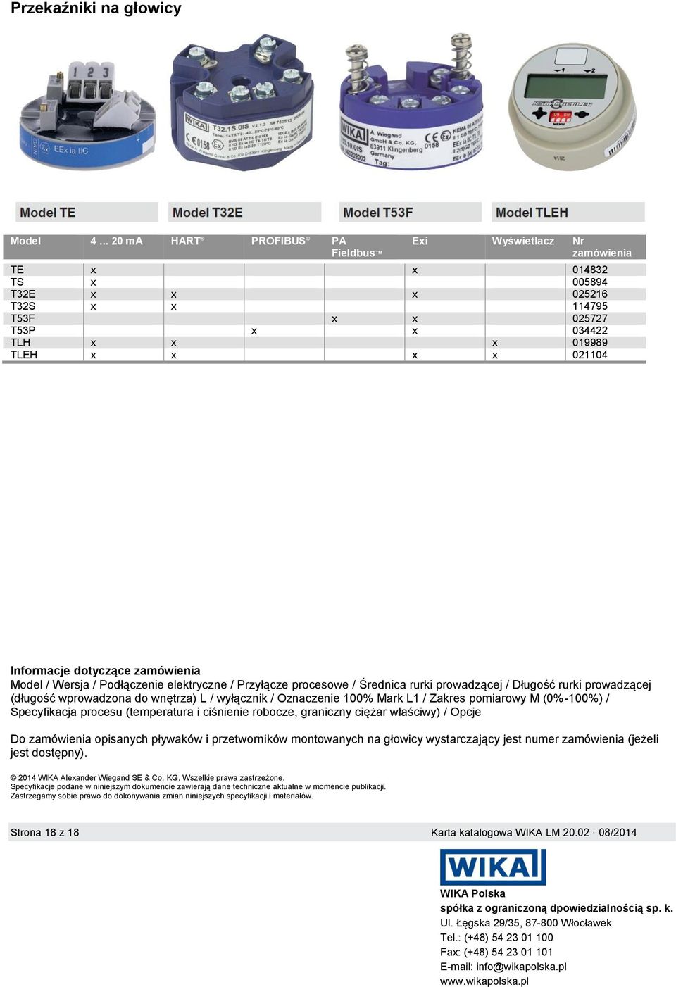 Informacje dotyczące zamówienia Model / Wersja / Podłączenie elektryczne / Przyłącze procesowe / Średnica rurki prowadzącej / Długość rurki prowadzącej (długość wprowadzona do wnętrza) L / wyłącznik