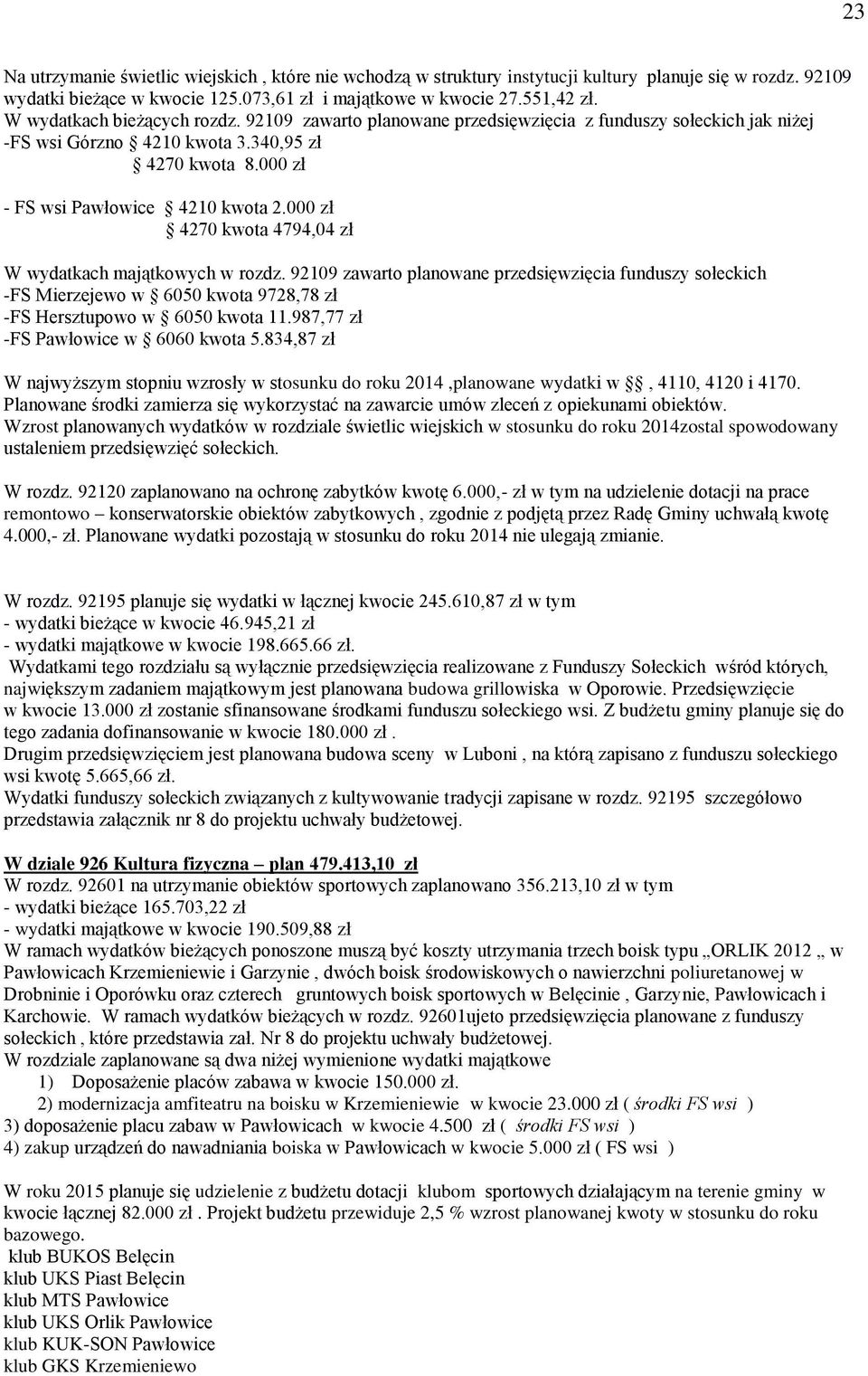 000 zł 4270 kwota 4794,04 zł W wydatkach majątkowych w rozdz. 92109 zawarto planowane przedsięwzięcia funduszy sołeckich -FS Mierzejewo w 6050 kwota 9728,78 zł -FS Hersztupowo w 6050 kwota 11.