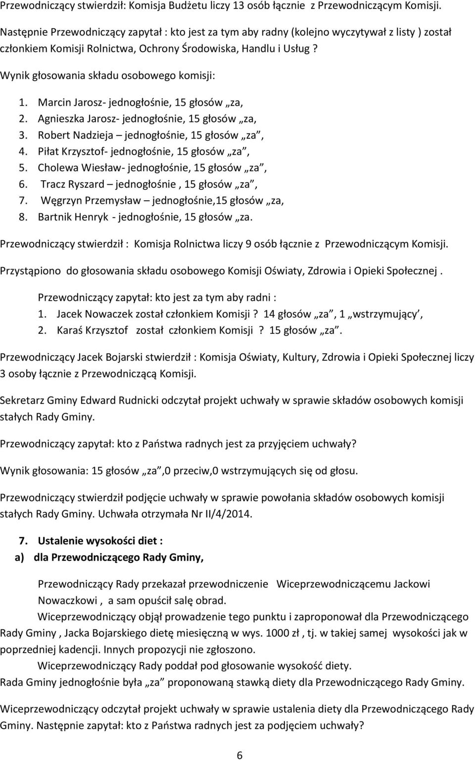 Wynik głosowania składu osobowego komisji: 1. Marcin Jarosz- jednogłośnie, 15 głosów za, 2. Agnieszka Jarosz- jednogłośnie, 15 głosów za, 3. Robert Nadzieja jednogłośnie, 15 głosów za, 4.