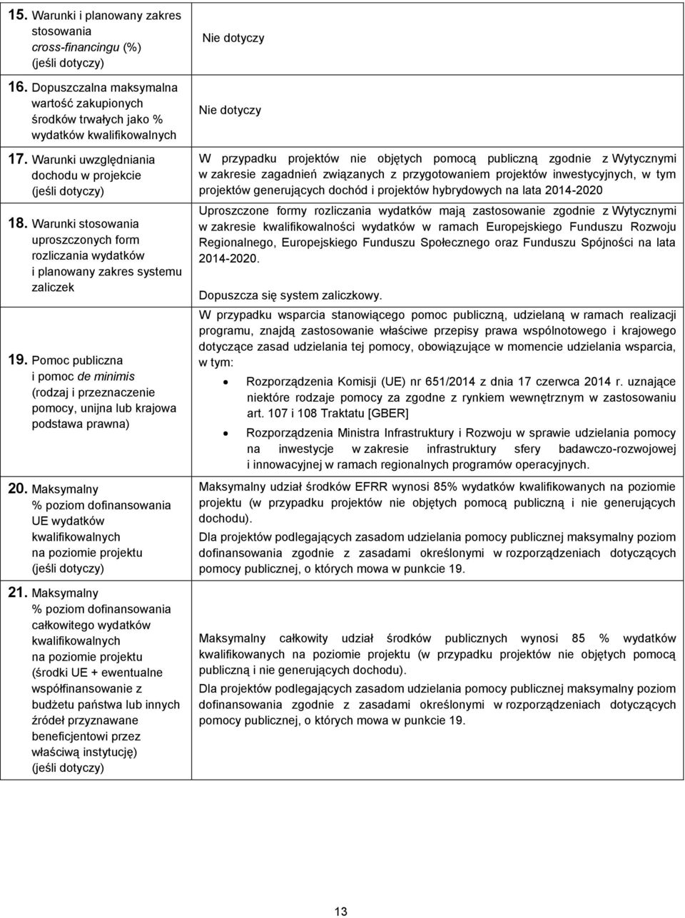 Pomoc publiczna i pomoc de minimis (rodzaj i przeznaczenie pomocy, unijna lub krajowa podstawa prawna) 20. Maksymalny % poziom dofinansowania UE wydatków kwalifikowalnych na poziomie projektu 21.