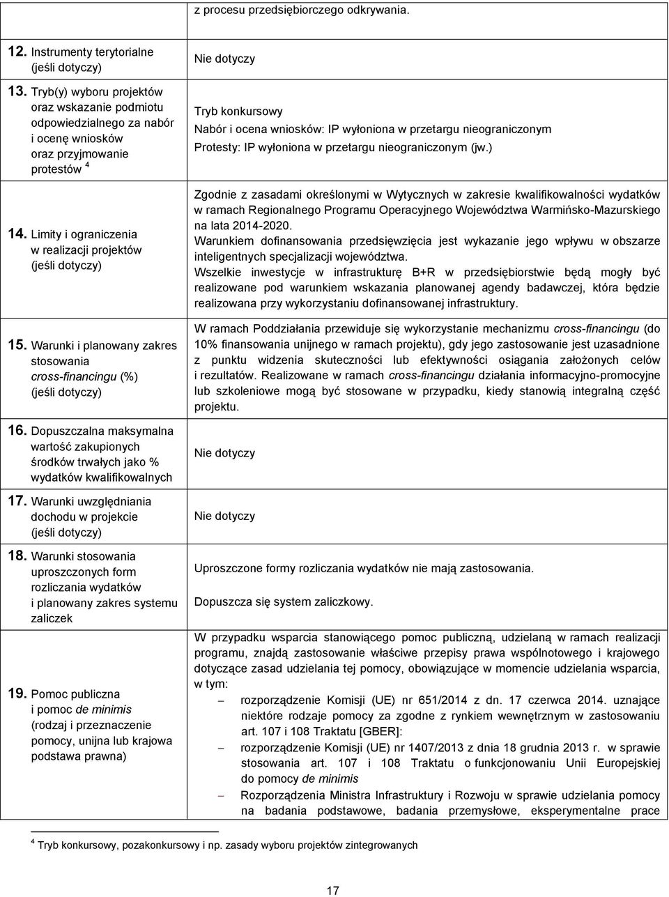 Dopuszczalna maksymalna wartość zakupionych środków trwałych jako % wydatków kwalifikowalnych 17. Warunki uwzględniania dochodu w projekcie 18.