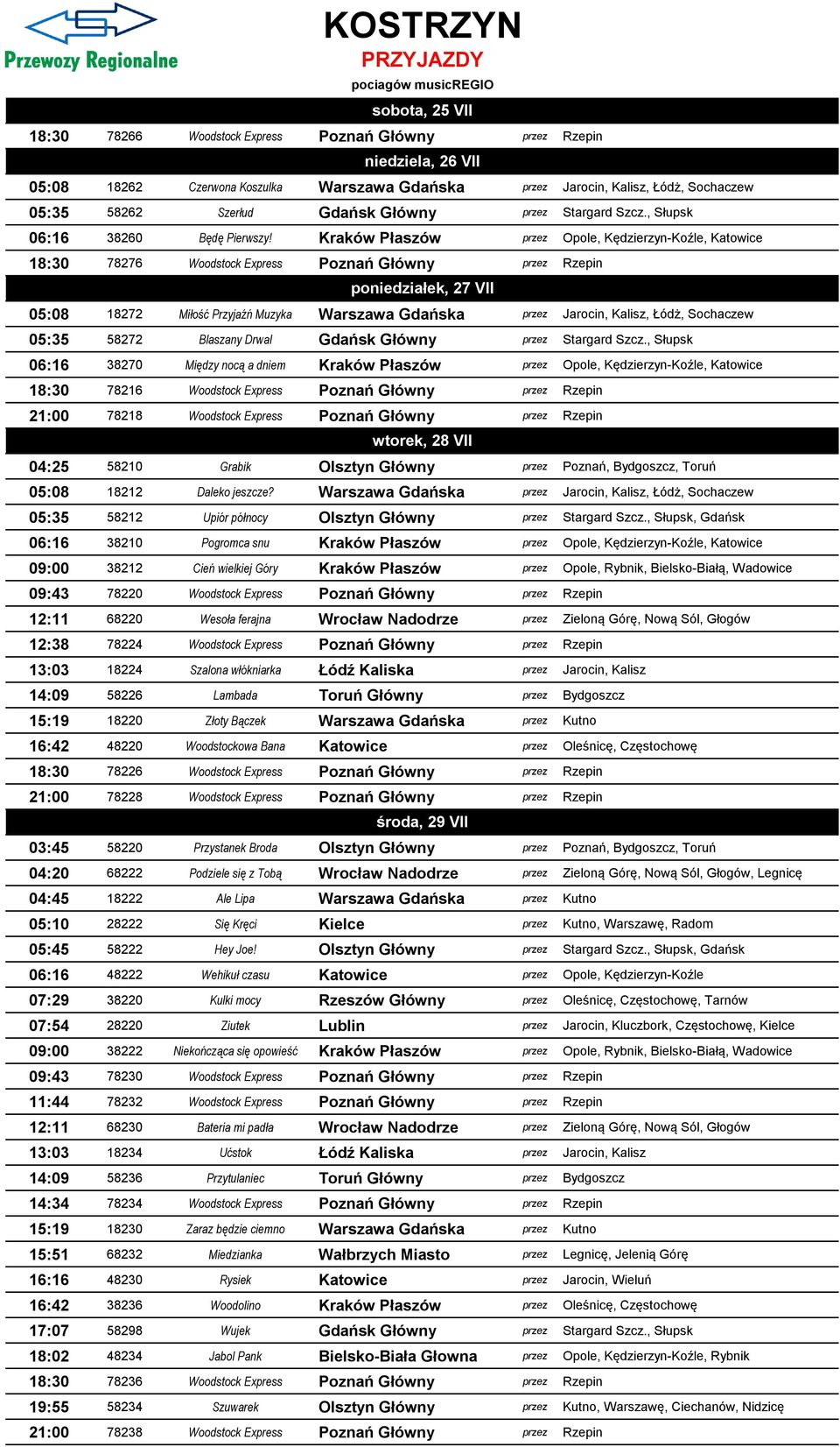 Kraków Płaszów przez Opole, Kędzierzyn-Koźle, Katowice 18:30 78276 Woodstock Express Poznań Główny przez Rzepin 05:08 18272 Miłość Przyjaźń Muzyka Warszawa Gdańska przez Jarocin, Kalisz, Łódż,
