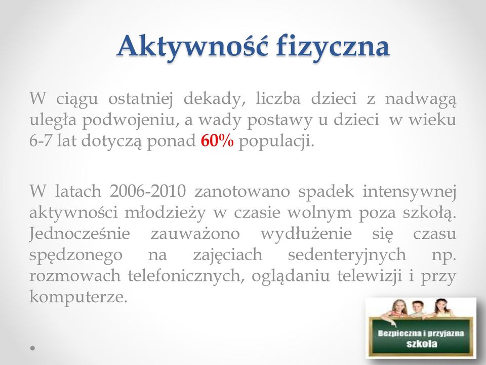 W latach 2006-2010 zanotowano spadek intensywnej aktywności młodzieży w czasie wolnym poza szkołą.