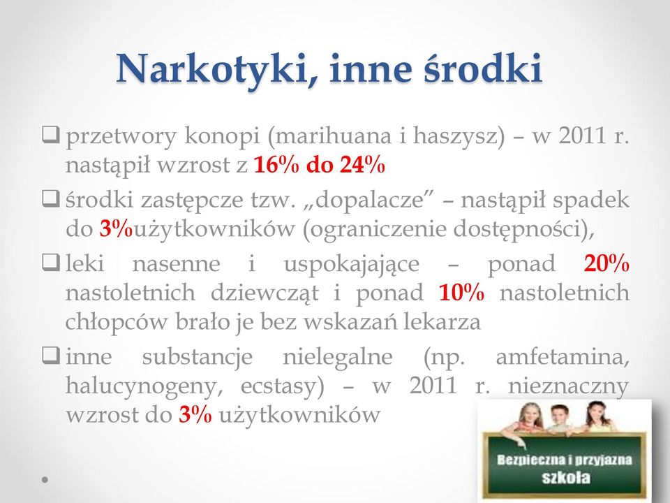 dopalacze nastąpił spadek do 3%użytkowników (ograniczenie dostępności), leki nasenne i uspokajające ponad