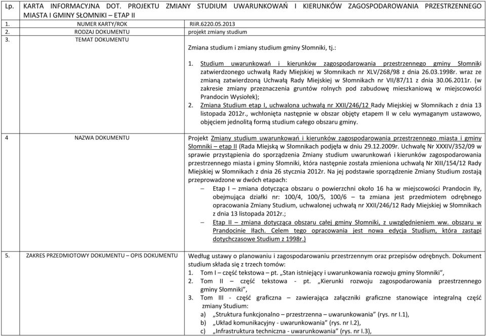 Studium uwarunkowań i kierunków zagospodarowania przestrzennego gminy Słomniki zatwierdzonego uchwałą Rady Miejskiej w Słomnikach nr XLV/268/98 z dnia 26.03.1998r.