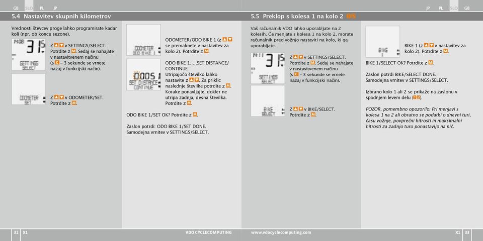 .SET DISTANCE/ CONTINUE Utripajočo številko lahko nastavite z. Za priklic naslednje številke potrdite z M. Korake ponavljajte, dokler ne utripa zadnja, desna številka. Potrdite z M. ODO BIKE 1/SET OK?