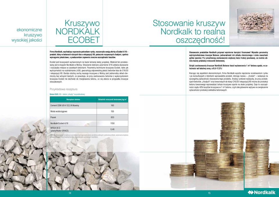 jakościowe, a producentom zapewnia znaczne oszczędności kosztów. Ecobet jest kruszywem wytworzonym na bazie łamanej skały jurajskiej. Materiał ten produkowany jest w kopalni Nordkalk w Wolicy.