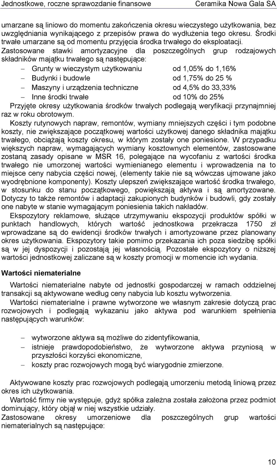 Zastosowane stawki amortyzacyjne dla poszczególnych grup rodzajowych składników majątku trwałego są następujące: Grunty w wieczystym użytkowaniu od 1,05% do 1,16% Budynki i budowle od 1,75% do 25 %