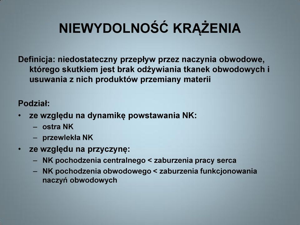 względu na dynamikę powstawania NK: ostra NK przewlekła NK ze względu na przyczynę: NK pochodzenia