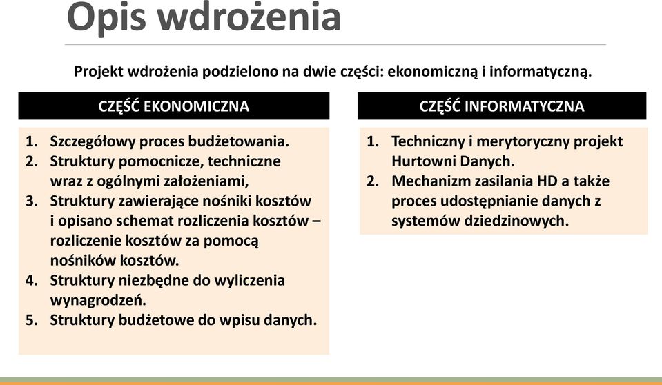 Struktury zawierające nośniki kosztów i opisano schemat rozliczenia kosztów rozliczenie kosztów za pomocą nośników kosztów. 4.