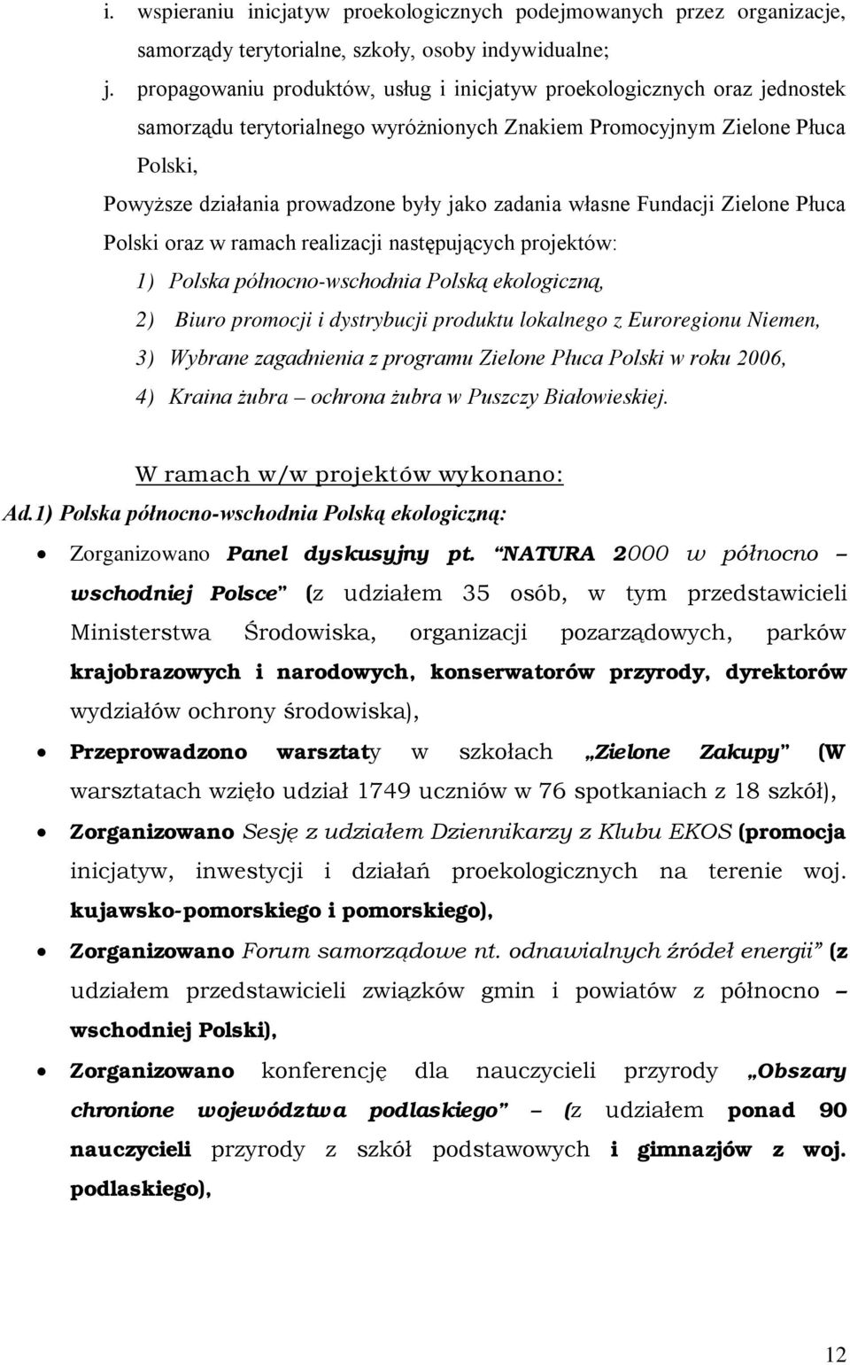 zadania własne Fundacji Zielone Płuca Polski oraz w ramach realizacji następujących projektów: 1) Polska północno-wschodnia Polską ekologiczną, 2) Biuro promocji i dystrybucji produktu lokalnego z