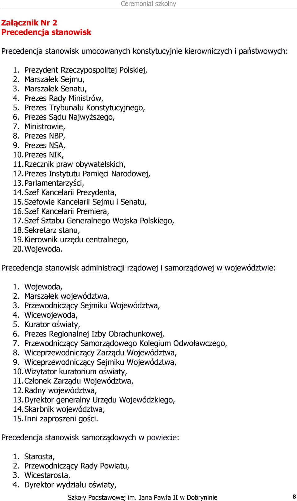 Prezes Instytutu Pamięci Narodowej, 13. Parlamentarzyści, 14. Szef Kancelarii Prezydenta, 15. Szefowie Kancelarii Sejmu i Senatu, 16. Szef Kancelarii Premiera, 17.