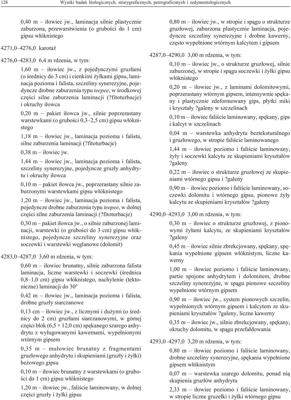 , z pojedynczymi gruz³ami (o œrednicy do 3 cm) i cienkimi y³kami gipsu, laminacja pozioma i falista, szczeliny synerezyjne, pojedyncze drobne zaburzenia typu teepee, w œrodkowej czêœci silne