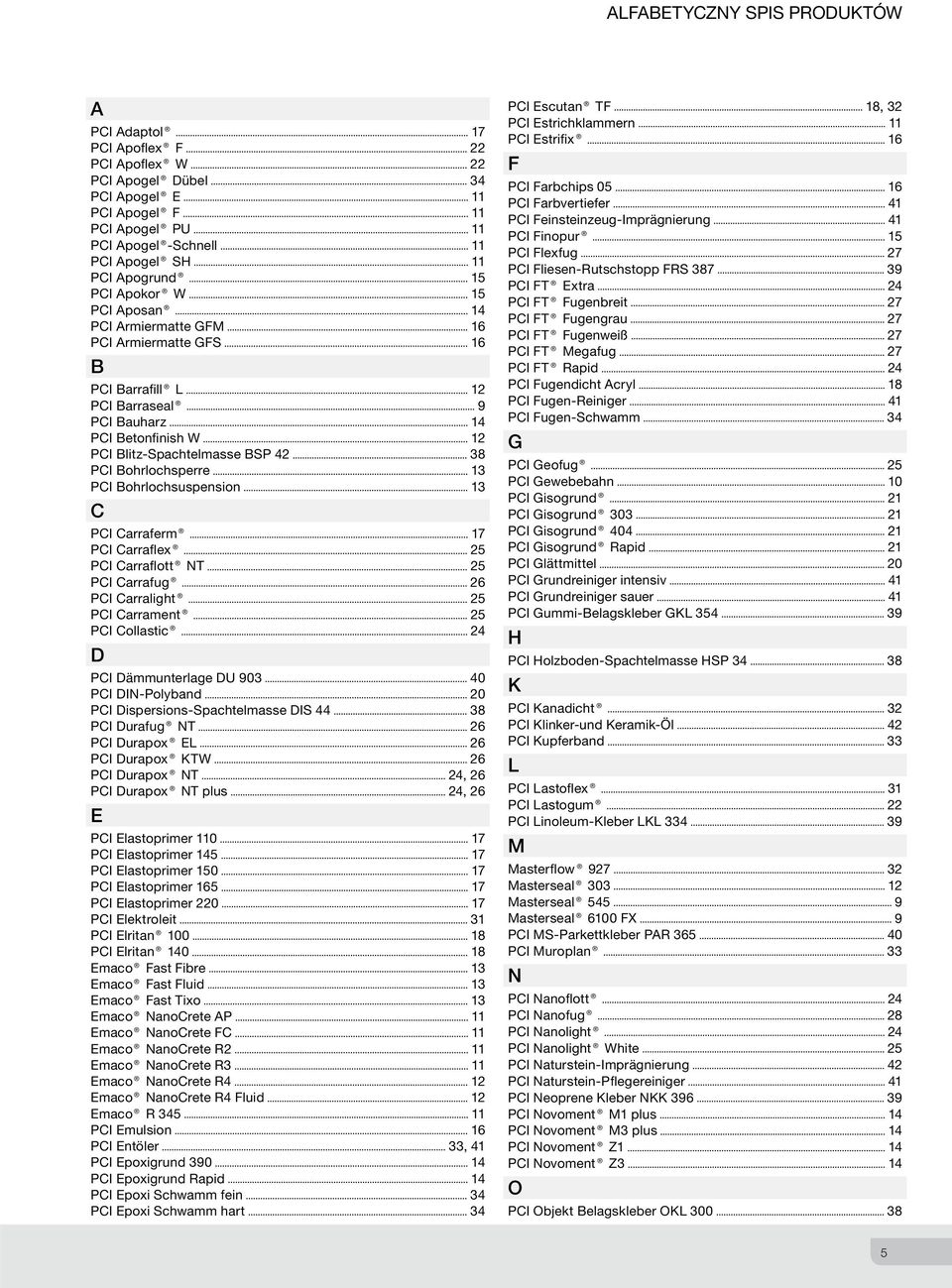 Bohrlochsperre 13 PCI Bohrloch suspension 13 C PCI Carraferm 17 PCI Carraflex 25 PCI Carraflott NT 25 PCI Carrafug 26 PCI Carralight 25 PCI Carrament 25 PCI Collastic 24 D PCI Dämmunterlage DU 903 40