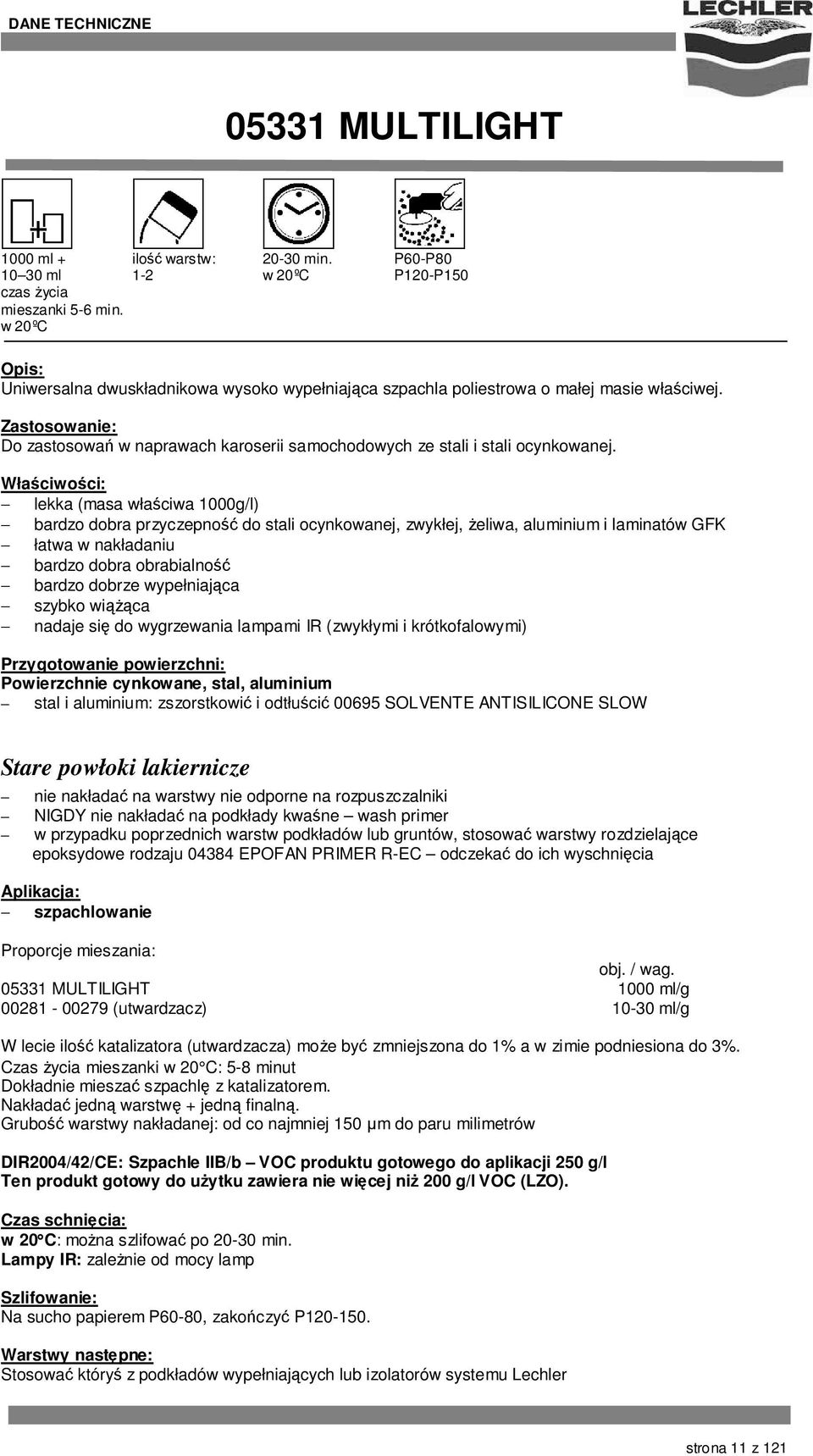 Właściwości: lekka (masa właściwa 1000g/l) bardzo dobra przyczepność do stali ocynkowanej, zwykłej, Ŝeliwa, aluminium i laminatów GFK łatwa w nakładaniu bardzo dobra obrabialność bardzo dobrze