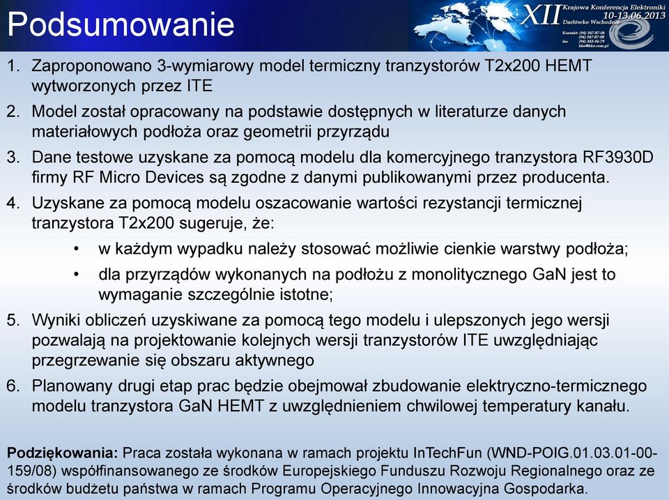 Dane testowe uzyskane za pomocą modelu dla komercyjnego tranzystora RF3930D firmy RF Micro Devices są zgodne z danymi publikowanymi przez producenta. 4.