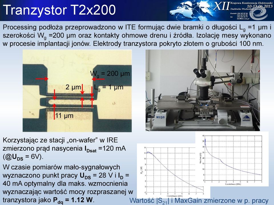 W g = 00 µm µm L g = µm µm Korzystając ze stacji on-wafer w IRE zmierzono prąd nasycenia I Dsat =0 ma (@U DS = 6V).