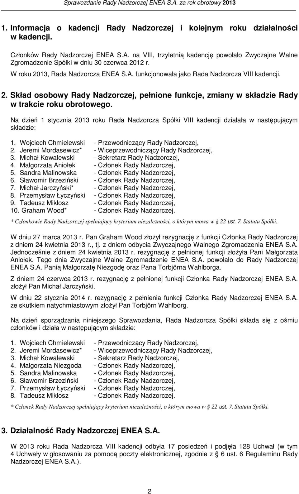 Na dzień 1 stycznia 2013 roku Rada Nadzorcza Spółki VIII kadencji działała w następującym składzie: 1. Wojciech Chmielewski - Przewodniczący Rady Nadzorczej, 2.