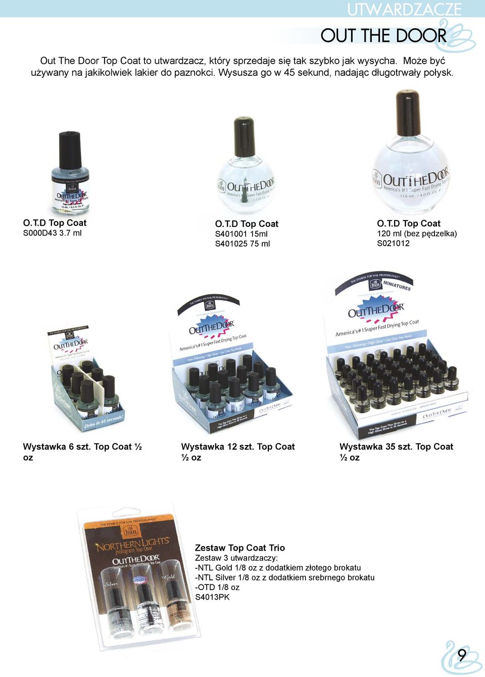 D Top Coat S000D43 3.7 ml O.T.D Top Coat S401001 15ml S401025 75 ml O.T.D Top Coat 120 ml (bez pędzelka) S021012 Wystawka 6 szt.