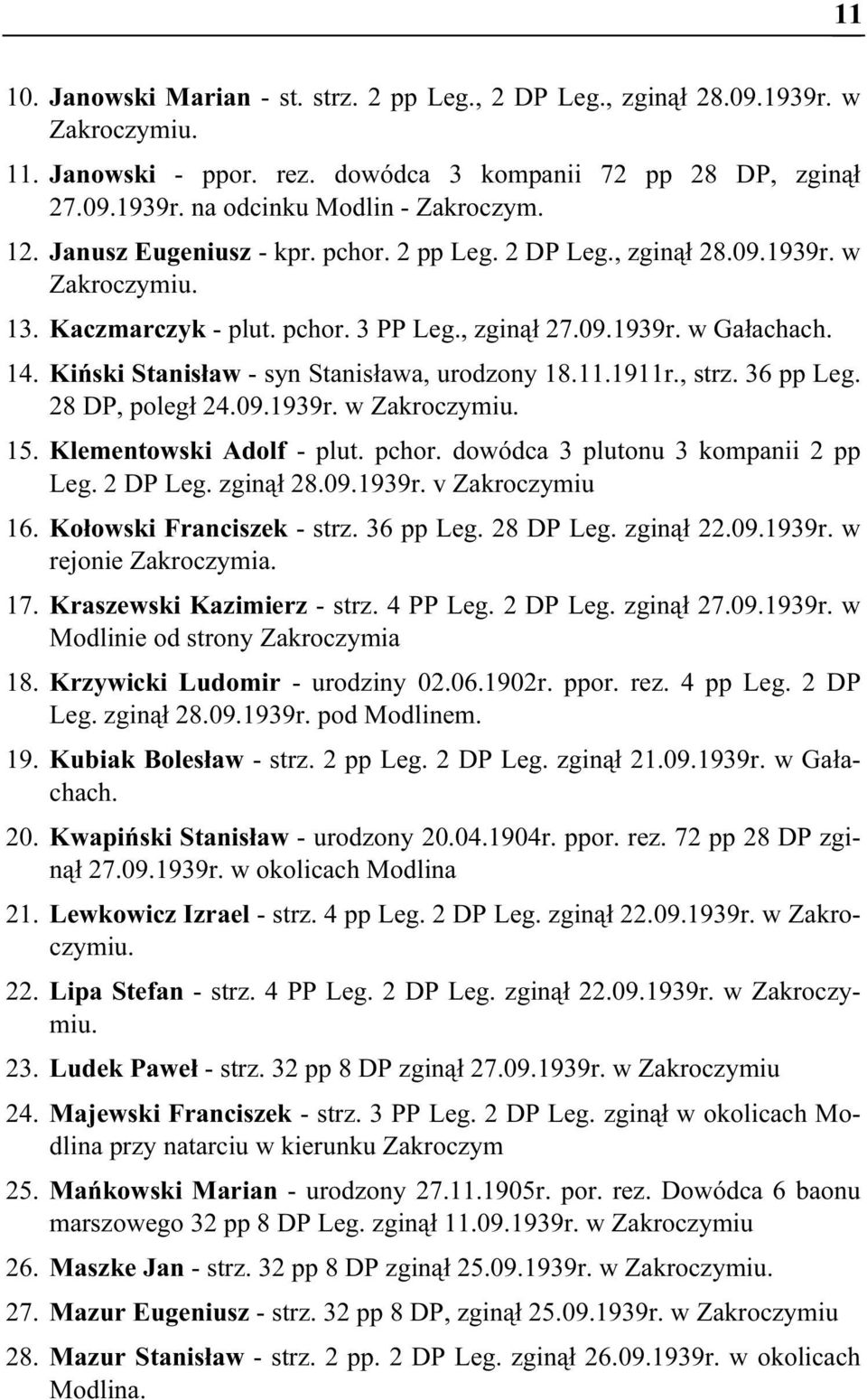 Kiński Stanisław - syn Stanisława, urodzony 18.11.1911r., strz. 36 pp Leg. 28 DP, poległ 24.09.1939r. w Zakroczymiu. 15. Klementowski Adolf - plut. pchor. dowódca 3 plutonu 3 kompanii 2 pp Leg.