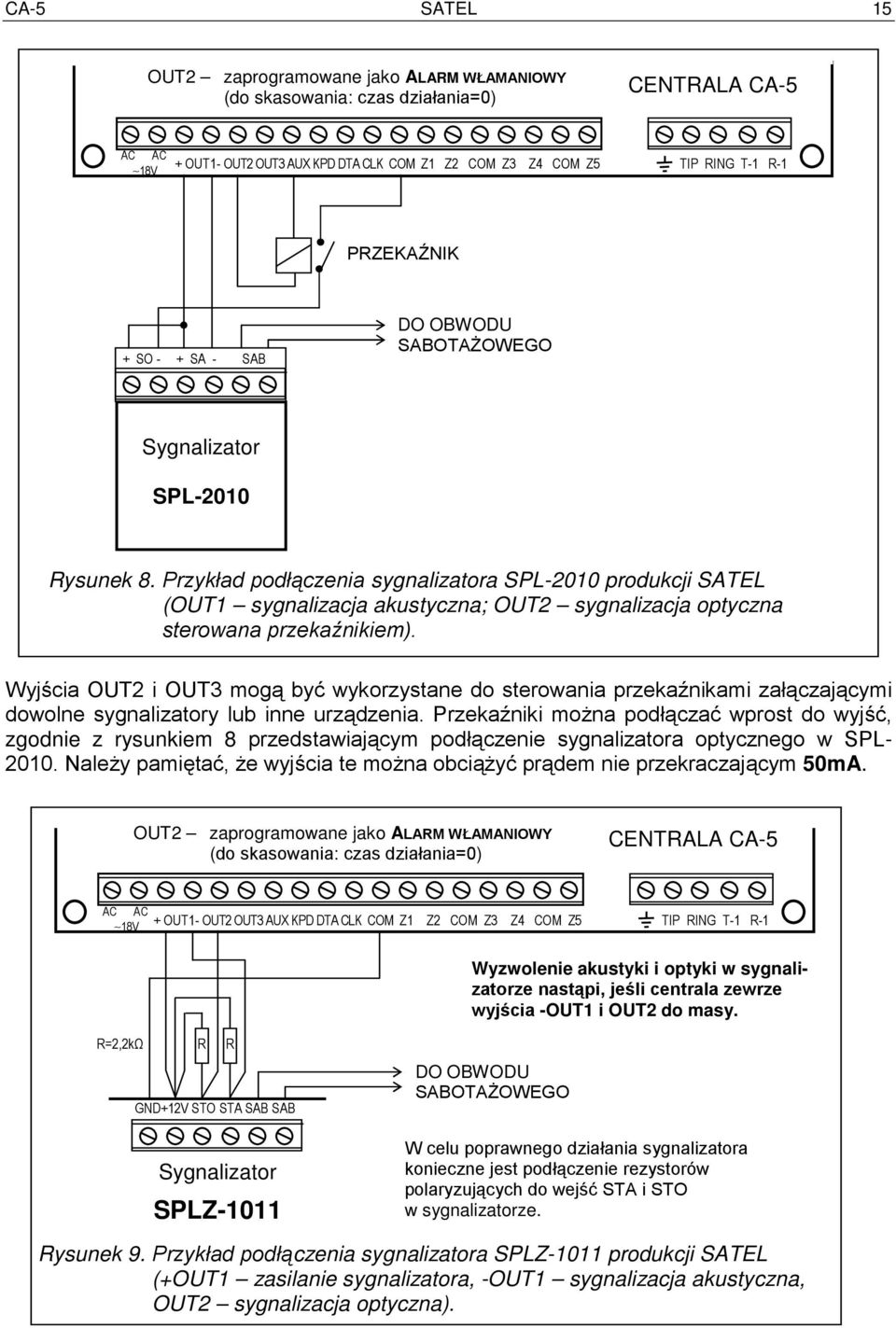 Przykład podłączenia sygnalizatora SPL-2010 produkcji SATEL (OUT1 sygnalizacja akustyczna; OUT2 sygnalizacja optyczna sterowana przekaźnikiem).