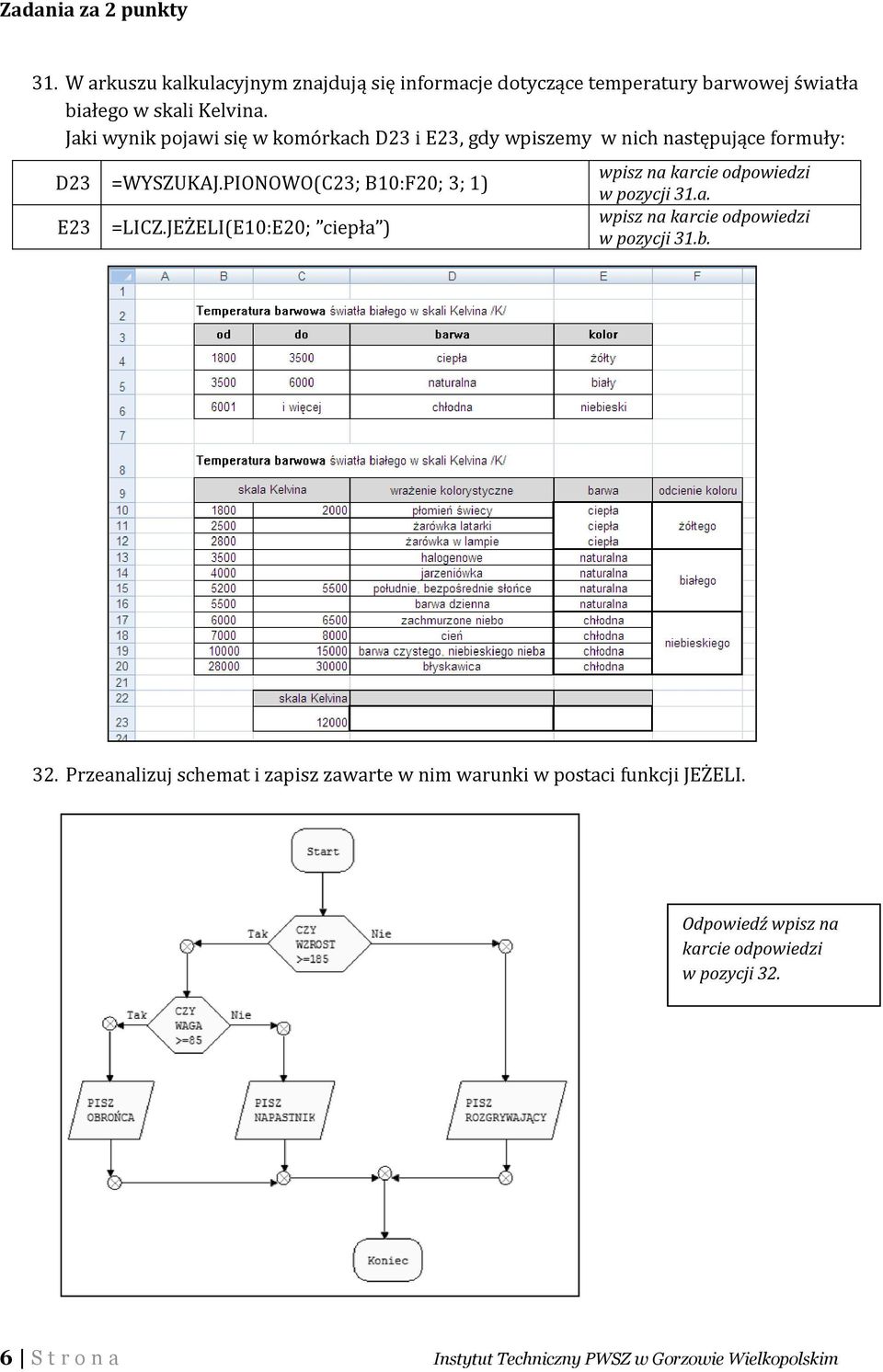 JEŻELI(E10:E20; ciepła ) wpisz na karcie odpowiedzi w pozycji 31.a. wpisz na karcie odpowiedzi w pozycji 31.b. 32.