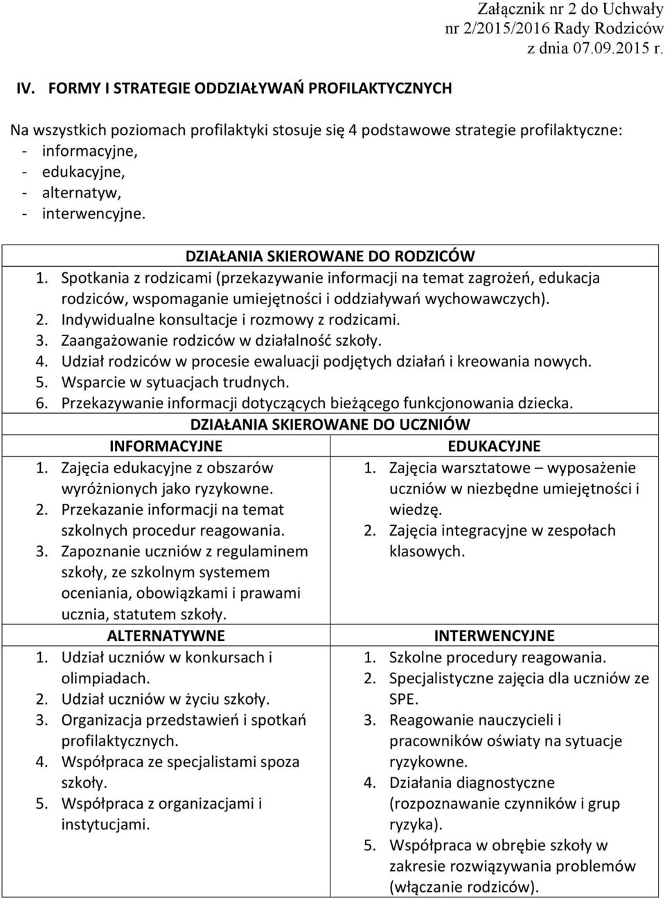 Spotkania z rodzicami (przekazywanie informacji na temat zagrożeń, edukacja rodziców, wspomaganie umiejętności i oddziaływań wychowawczych). 2. Indywidualne konsultacje i rozmowy z rodzicami. 3.