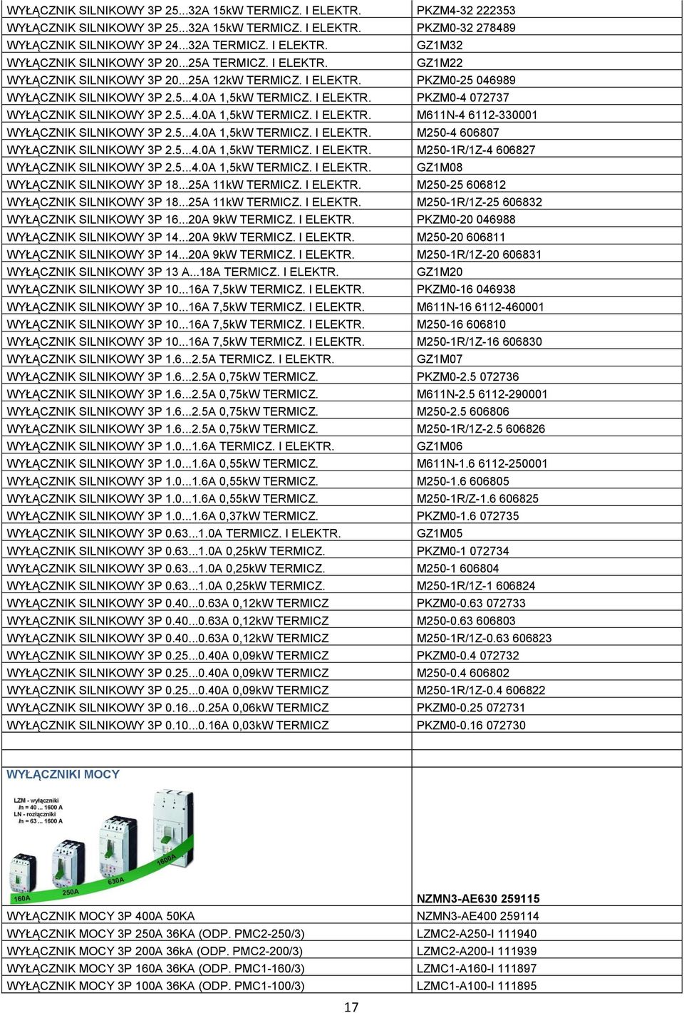 5...4.0A 1,5kW TERMICZ. I ELEKTR. M611N-4 6112-330001 WYŁĄCZNIK SILNIKOWY 3P 2.5...4.0A 1,5kW TERMICZ. I ELEKTR. M250-4 606807 WYŁĄCZNIK SILNIKOWY 3P 2.5...4.0A 1,5kW TERMICZ. I ELEKTR. M250-1R/1Z-4 606827 WYŁĄCZNIK SILNIKOWY 3P 2.