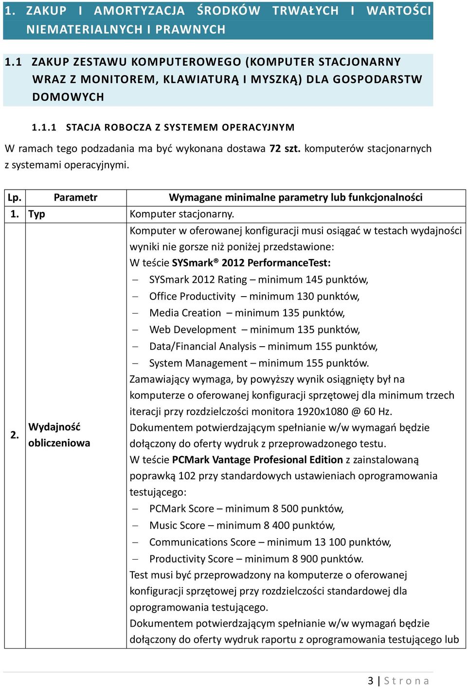 Wydajność obliczeniowa Komputer w oferowanej konfiguracji musi osiągać w testach wydajności wyniki nie gorsze niż poniżej przedstawione: W teście SYSmark 2012 PerformanceTest: SYSmark 2012 Rating