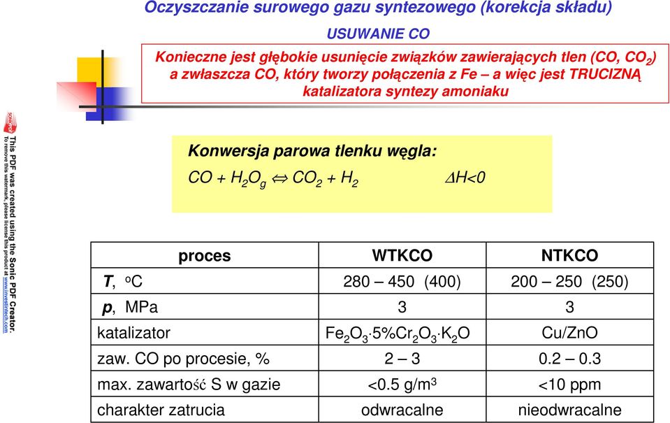 węgla: CO + H 2 O g CO 2 + H 2 H<0 proces T, o C p, MPa katalizator zaw. CO po procesie, % max.