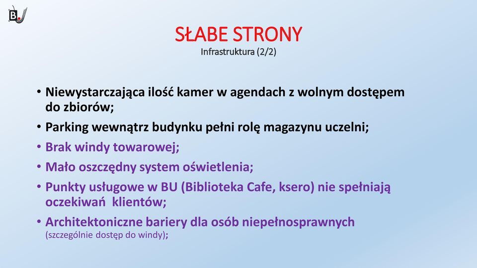 oszczędny system oświetlenia; Punkty usługowe w BU (Biblioteka Cafe, ksero) nie spełniają