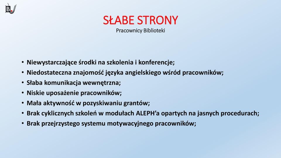 Niskie uposażenie pracowników; Mała aktywność w pozyskiwaniu grantów; Brak cyklicznych szkoleń