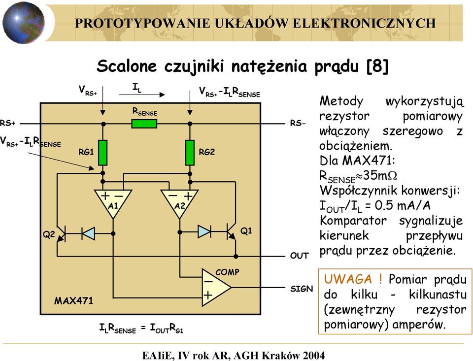 Dla MAX471: R SENSE 35mΩ Współczynnik konwersji: I OUT /I L = 0.