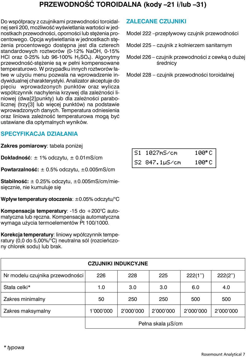 Algorytmy przewodność-stężenie są w pełni kompensowane temperaturowo. W przypadku innych roztworów łatwe w użyciu menu pozwala na wprowadzenie indywidualnej charakterystyki.