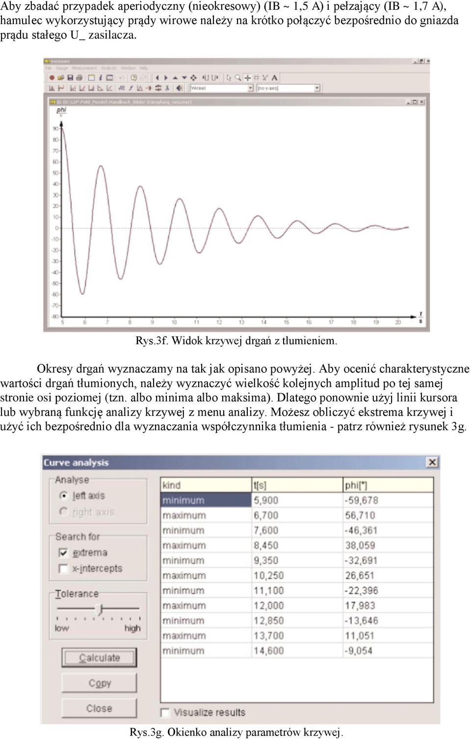 Aby ocenić charakterystyczne wartości drgań tłumionych, należy wyznaczyć wielkość kolejnych amplitud po tej samej stronie osi poziomej (tzn. albo minima albo maksima).