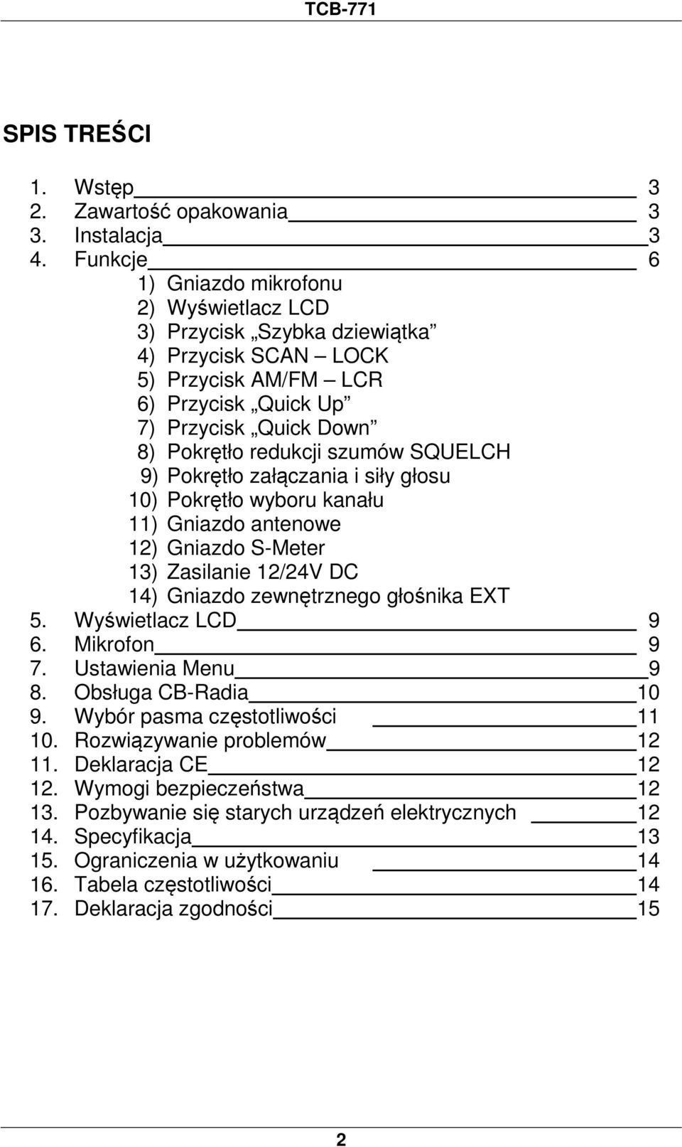 SQUELCH 9) Pokrętło załączania i siły głosu 10) Pokrętło wyboru kanału 11) Gniazdo antenowe 12) Gniazdo S-Meter 13) Zasilanie 12/24V DC 14) Gniazdo zewnętrznego głośnika EXT 5. Wyświetlacz LCD 9 6.