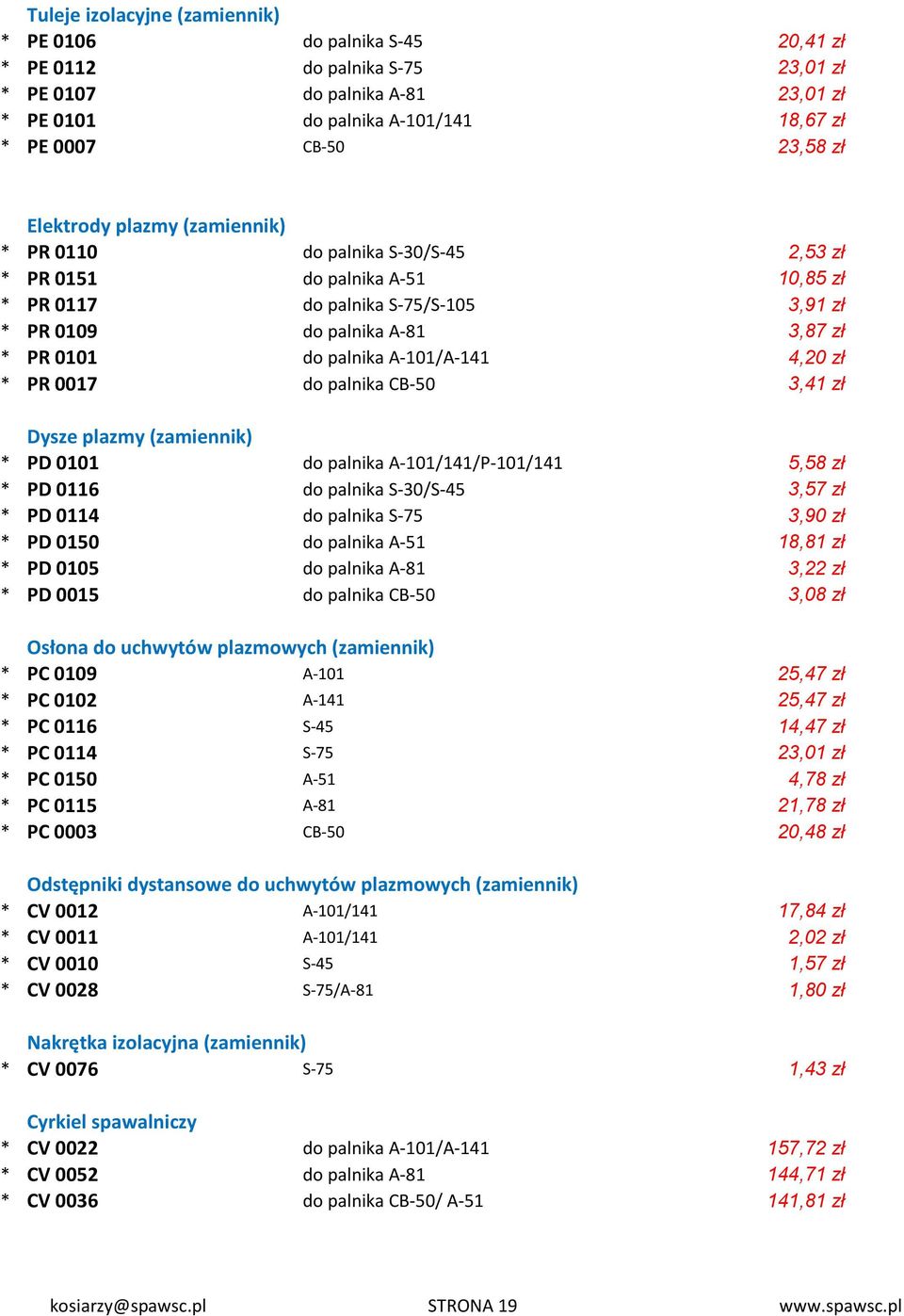 A-101/A-141 4,20 zł * PR 0017 do palnika CB-50 3,41 zł Dysze plazmy (zamiennik) * PD 0101 do palnika A-101/141/P-101/141 5,58 zł * PD 0116 do palnika S-30/S-45 3,57 zł * PD 0114 do palnika S-75 3,90
