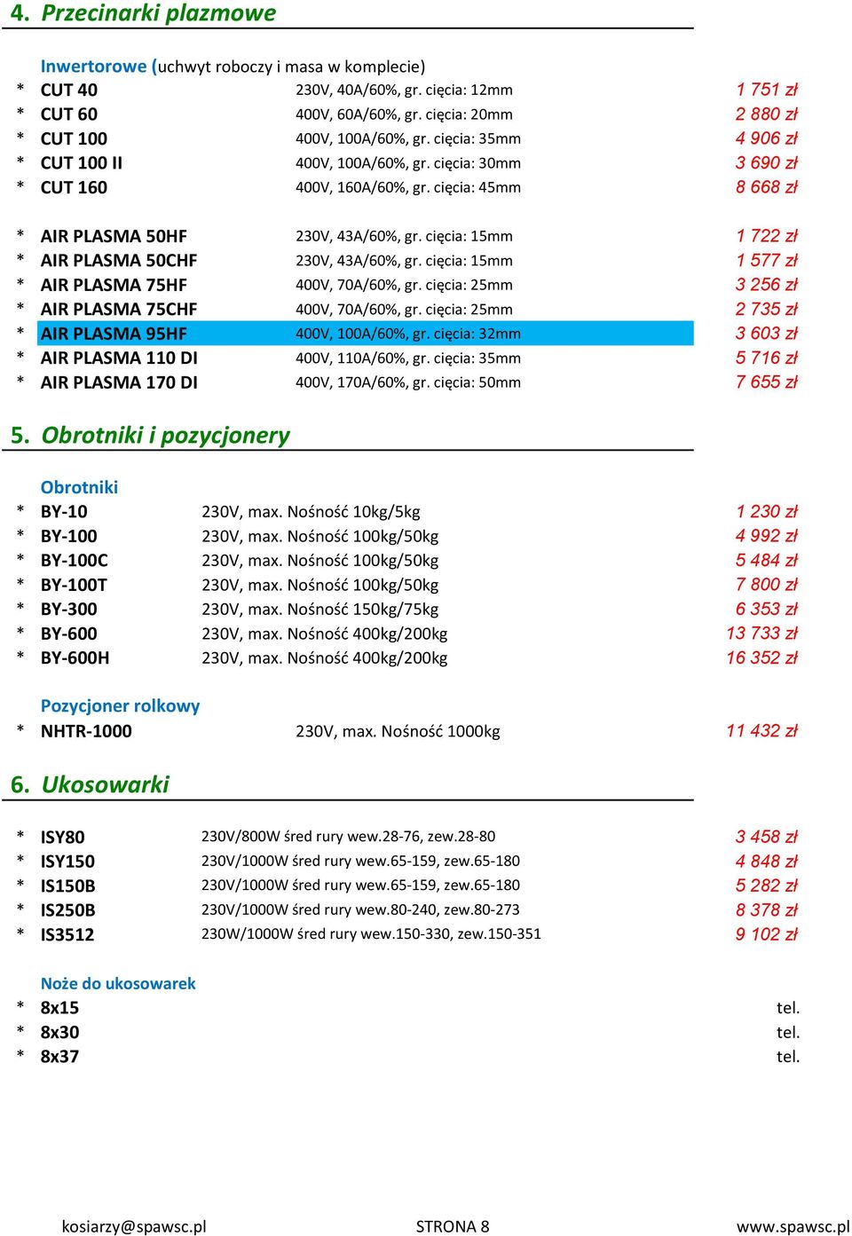 cięcia: 45mm 8 668 zł * AIR PLASMA 50HF 230V, 43A/60%, gr. cięcia: 15mm 1 722 zł * AIR PLASMA 50CHF 230V, 43A/60%, gr. cięcia: 15mm 1 577 zł * AIR PLASMA 75HF 400V, 70A/60%, gr.