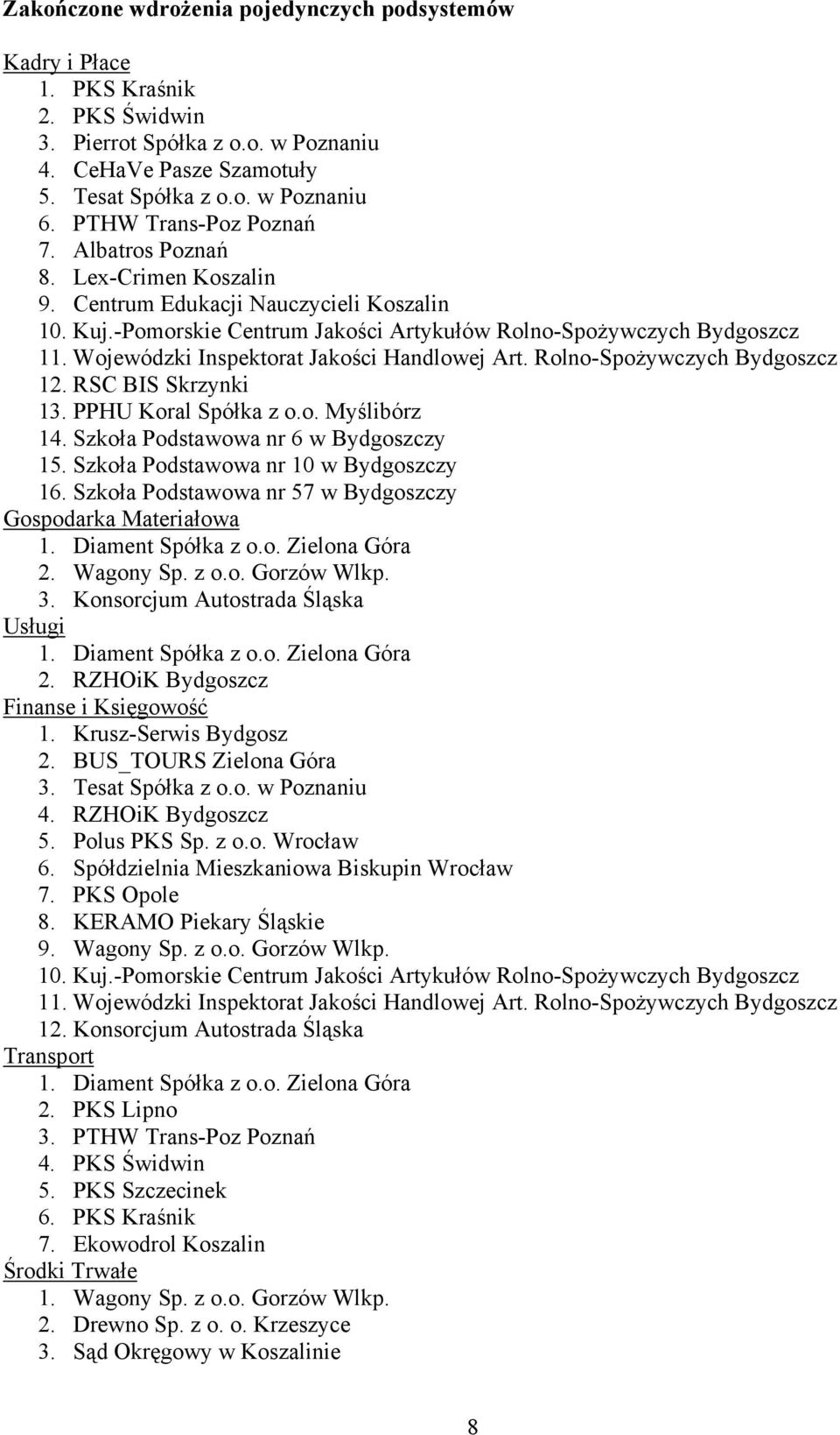 Wojewódzki Inspektorat Jakości Handlowej Art. Rolno-Spożywczych Bydgoszcz 12. RSC BIS Skrzynki 13. PPHU Koral Spółka z o.o. Myślibórz 14. Szkoła Podstawowa nr 6 w Bydgoszczy 15.