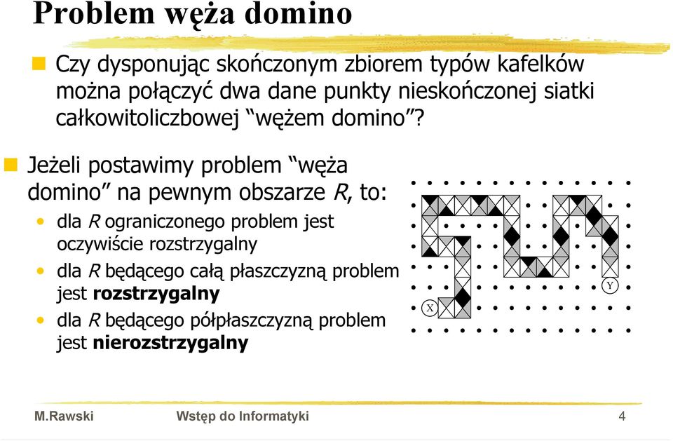 T Jeżeli postawimy problem węża domino na pewnym obszarze R, to: dla R ograniczonego problem jest oczywiście